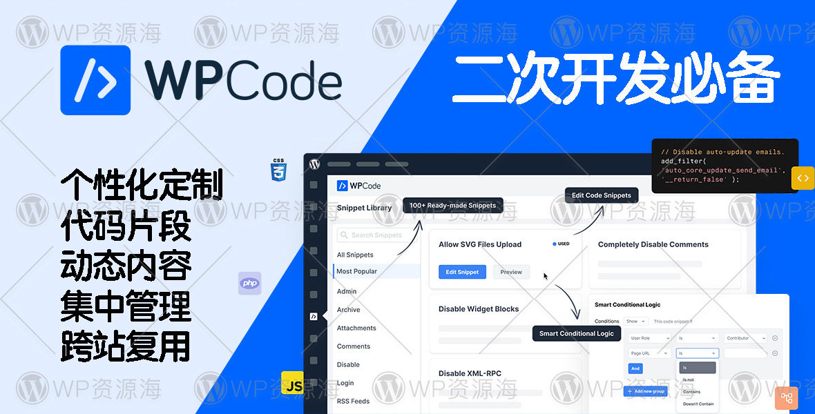 WPCode Pro-代码片段/二次开发WordPress个性化定制插件封面图